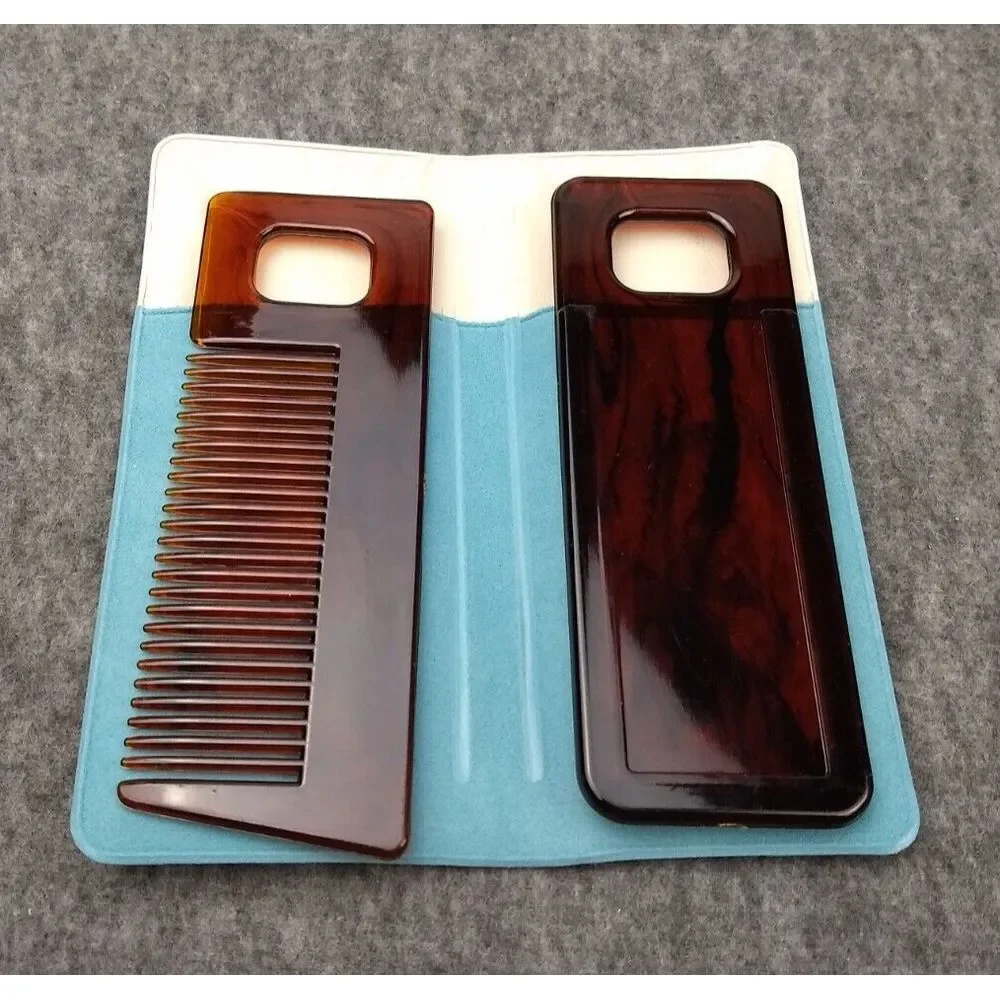Comb &‎ Mirror Purse Set Blue Storage Case Faux Tortoise VTG 70s/80s Travel NEW